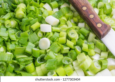 Chopped Green Onions. Fresh Spring Onions with Kitchen Knife. Healthy Scallion. - Shutterstock ID 1277303404