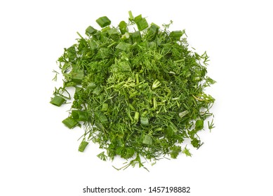 Chopped Herbs - Parsley, Dill And Onion, Ingredients For Cooking, Flat Lay, Isolated On White Background.