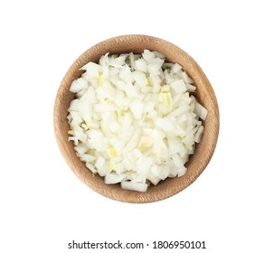 Chopped Onion In Wooden Bowl Isolated On White, Top View