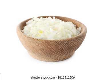 Chopped Onion In Wooden Bowl Isolated On White