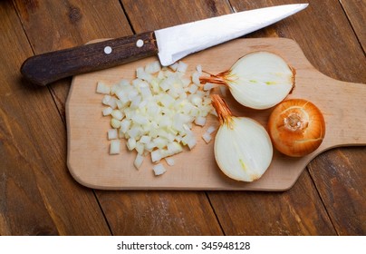 chopped onions on rustic. top view