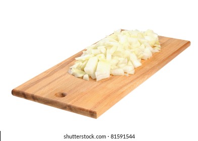 Chopped Onions On A Wooden Board. Isolated On White.