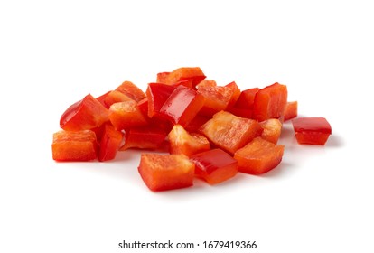 Chopped Paprika Or Red Sweet Pepper Cuts Isolated On White Background. Diced Bell Pepper