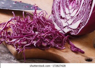 Chopped Red Cabbage Close-up On Kitchen Board