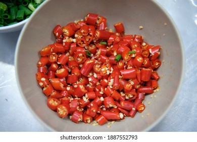 Chopped Red Chilli In A Bowl