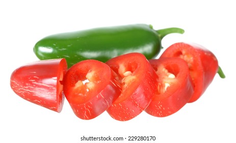 Chopped Red Jalapeno And Green Pepper Isolated On White Background 