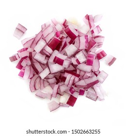 Chopped Red Onion Into A Small Dice. Heap Of Freshly Cut Vegetable On White Background.
