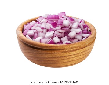 Chopped Red Onions In A Wooden Bowl Isolated .