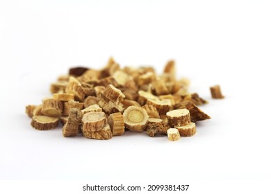 Chopped Root Of Mongolian Milkvetch (Astragalus Propinquus) Isolated On White.