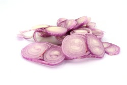 Chopped Shallots, Shallots Are Thai Food And Thai Herbs. Are Food That Nourishes Blood.Shallots Are Foods That Help Fight Free Radicals, Isolated On White Background.