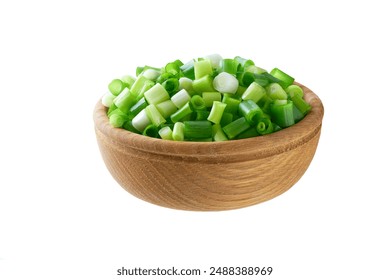 Chopped spring onions in a wooden bowl isolated on white background. Clipping path. - Powered by Shutterstock