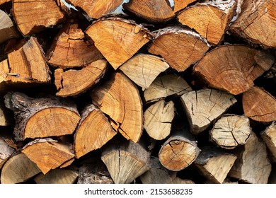 Chopped stacked firewood close up.