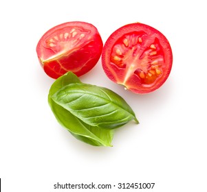 Chopped Tomatoes And Basil Leaf On White Background