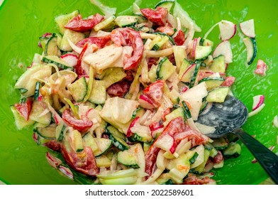 Chopped Vegetables Dressed With Mayonnaise. Fast Breakfast.