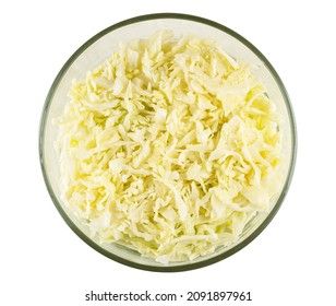 Chopped White Cabbage In Glass Bowl Isolated On White Background. Top View