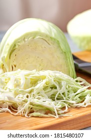 Chopped White Cabbage On A Cutting Board Close-up.