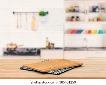 Chopping Board On Wooden Counter Top With Kitchen Cabinet Background