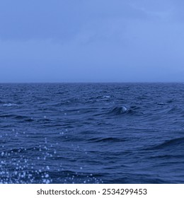 Choppy deep blue ocean under an overcast sky, with misty horizon blending into the cloudy atmosphere. - Powered by Shutterstock