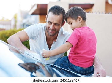 Chores, washing car and father with son in driveway of home in summer together for child development. Family, love or smile with happy parent and boy kid cleaning vehicle outdoor for responsibility - Powered by Shutterstock