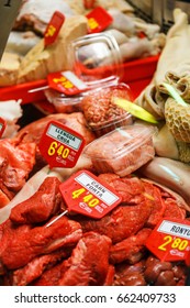 Chorizo Kebab Meat Counter Displayed At La Boqueria In Barcelona.