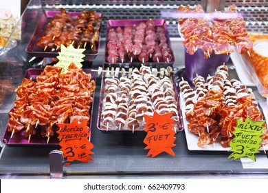 Chorizo Kebab Meat Counter Displayed At La Boqueria In Barcelona.