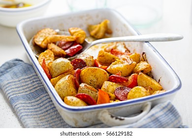 Chorizo, Potato, Red Pepper Onion Tray Bake 