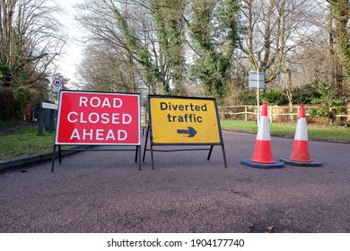 Chorleywood, Hertfordshire, England, UK - January 28th 2021: Road Ahead Closed And Diversion Signs