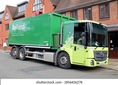 Chorleywood, Hertfordshire, England, UK - November 18th 2020: ReFood Mercedes-Benz Antos Truck. ReFood Recycles Food Waste Using Anaerobic Digestion To Produce Green Energy And ReGrow Fertiliser.