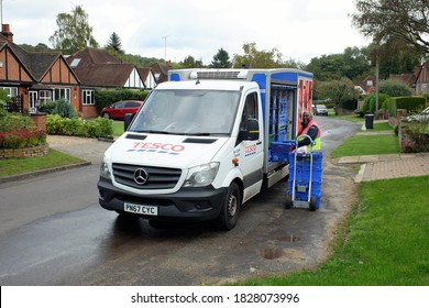 Chorleywood, Hertfordshire, England, UK - October 6th 2020: Tesco home delivery van supplying groceries to family during the Coronavirus (COVID-19) pandemic