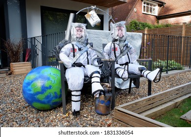 Chorleywood, Hertfordshire, England, UK - October 10th 2020: Scarecrows Of NASA Astronauts Doug Hurley And Bob Behnken From SpaceX Dragon Spacecraft