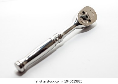 A chorme wrench ratchet or ratchet spanner tool on white background.