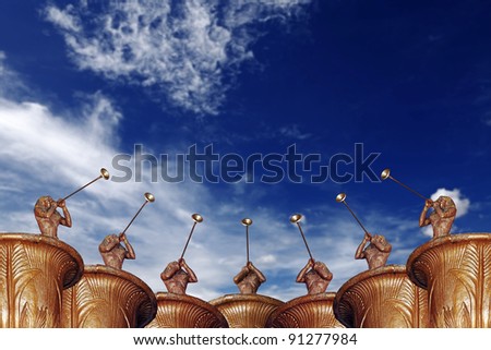 A chorus of trumpeter musician blowing their trumpet into the air to greet a new year celebration, against a blue sky with clouds.