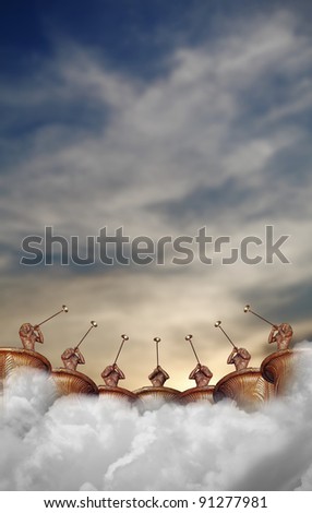 A chorus of trumpeter musician floating on a wall of white fluffy clouds blowing their trumpet into the air to hail the coming of a New Year, against a surreal candy colored sunrise with clouds.