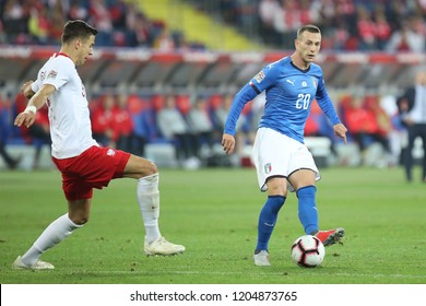 CHORZOW, POLAND - OCTOBER 14, 2018: UEFA Nations League 2019: Poland - Italy O/p Federico Bernardeschi, Jan Bednarek