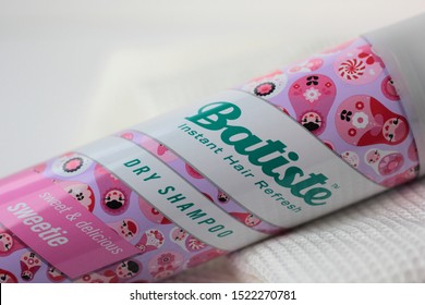 Chorzow, Poland - October 3, 2019: Closeup of Batiste dry shampoo. Batiste is a brand of dry shampoo owned by Church & Dwight.