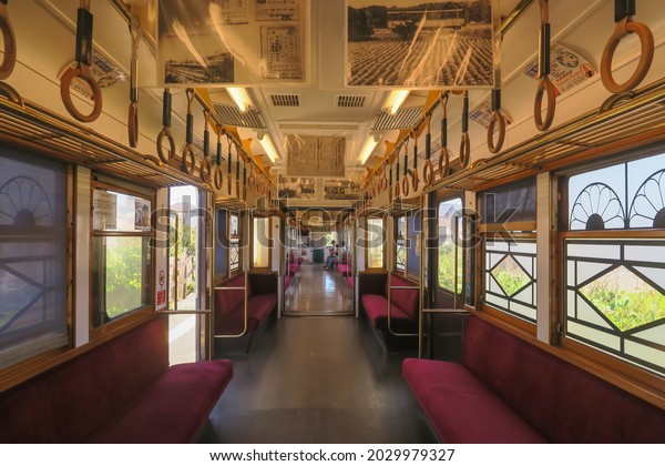 Choshi Electric\
Railway inside the carriage on Choshi Electric Railway in Choshi,\
Chiba, Japan. August, 20,\
2021.