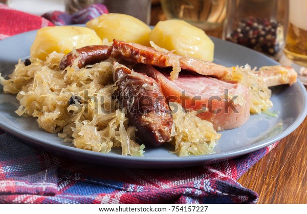 Choucroute Garnie Alsatian Sauerkraut Sausages Knuckle Stock Photo ...