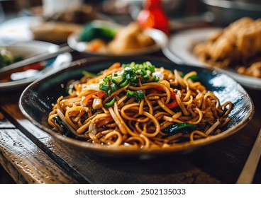 Chow Mein noodles served in a bowl with vegetables, angle view composition, professional food photography, restaurant style presentation.