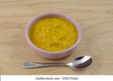 Chow Chow Mustard Pickle Relish In Pink Condiment Bowl With Spoon On Table