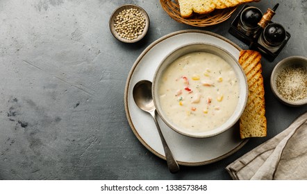 Chowder Crab Soup With Shrimps And Corn On Concrete Background Copy Space