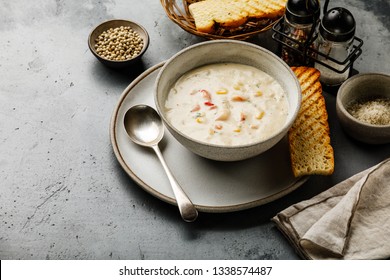 Chowder Crab Soup With Shrimps And Corn On Concrete Background Copy Space