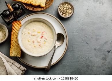 Chowder Crab Soup With Shrimps And Corn On Concrete Background Copy Space