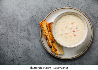 Chowder Crab Soup With Shrimps And Corn On Concrete Background Copy Space