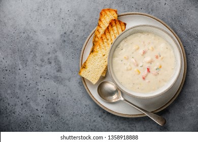 Chowder Crab Soup With Shrimps And Corn On Concrete Background Copy Space