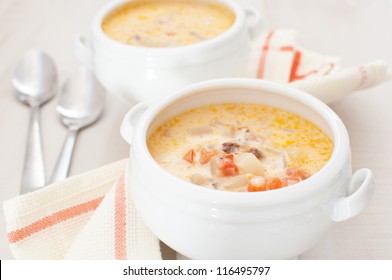 Chowder Soup With Vegetables, Curry And Heavy Cream