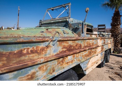 Chriaco Summit, California, July 6, 2022: The Patton Desert Warfare Museum In The Desert Where Patton Trained His Troops Looking At A Vintage Amphibious Assault Vehicle