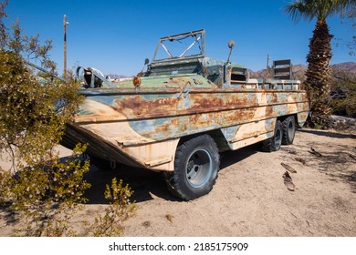 Chriaco Summit, California, July 6, 2022: The Patton Desert Warfare Museum In The Desert Where Patton Trained His Troops Looking At A Vintage Amphibious Assault Vehicle