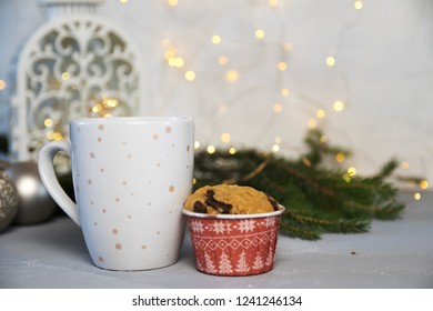 Chrismas Concept Cup Of Coffee, Mini Cake ,on The Light Background. New Year