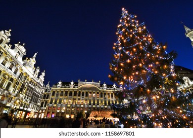 Chrismas Tree decorated with colorful lighting at Grand Place Brussel.