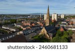 Christ church in Jarrow 1868 grade 2 listed building drone view river Tyne in background